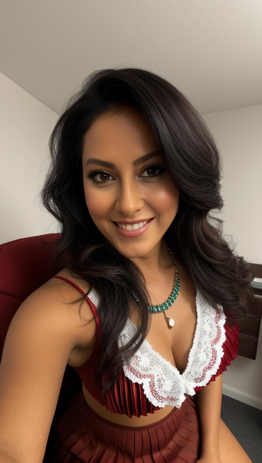 dressing room, ((Mexican lady)), (very dark tanned), white lace blouse with short sleees and cleavage, ((short bright red pleated skirt)), dark shining eyes, round face, dark long hair, hair in half-up style, snub nose, thin eyebrows, no makeup, necklace, (close up), teasing smile, ((very low angle view from bottom)), reddened cheeks, (sitting in an arm chair), spreading legs, assesoirs,