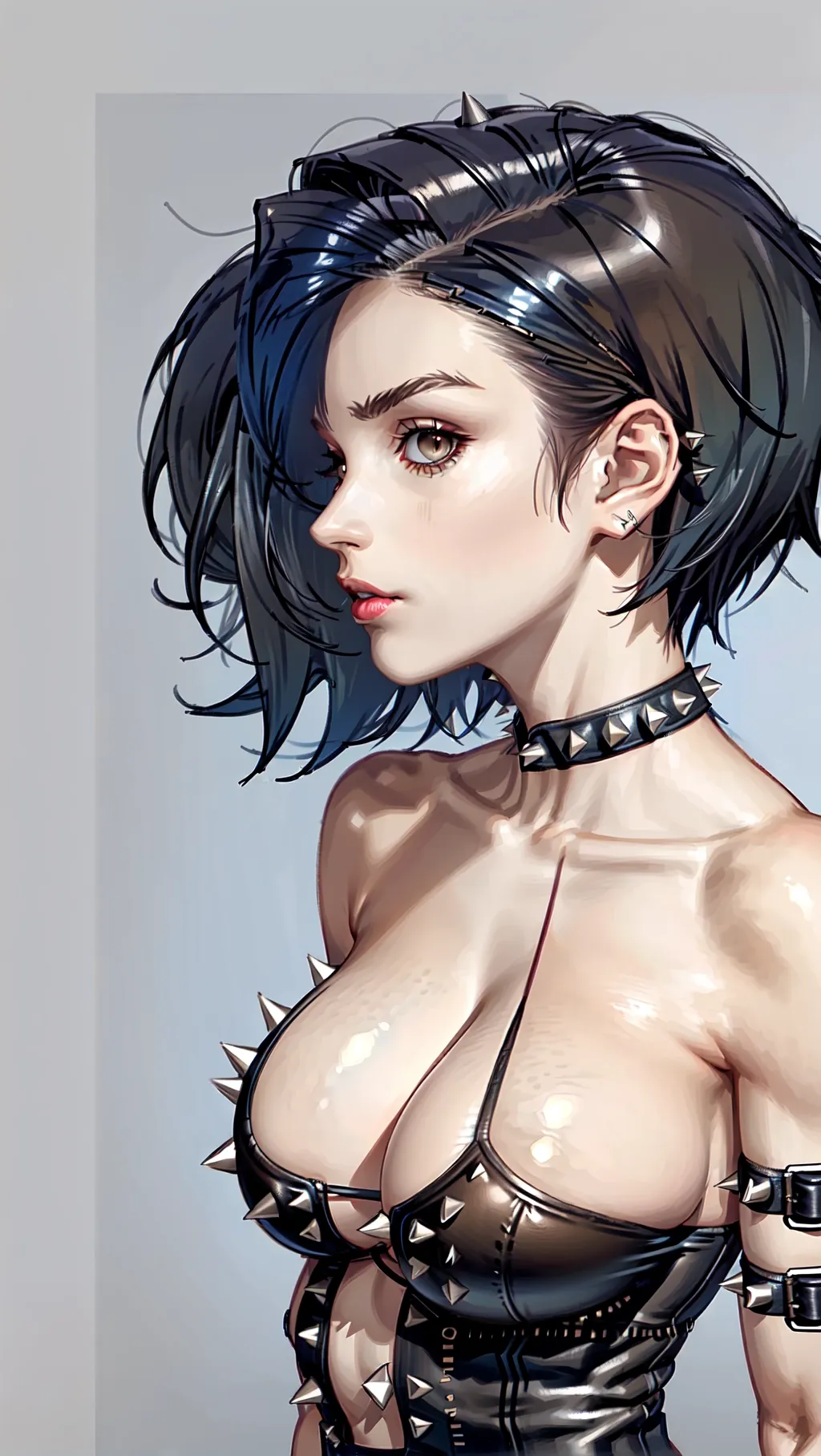 Female, short spiky hair, large breasts, athletic toned body, wearing a studded leather bodice