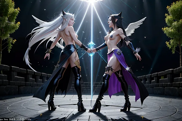"2 girls in ""magic duel
(two sexy longhaired angry witches duelling:1) .
(dynamic poses of angry topless sorceresses facing each other across 20 paces in magic duel Throwing magic ray tracing magic spells at each other:1.3)"""
"
((Fleur Delacour)) duelling ((Willow Rosenberg))
(The image is a 3D rendering of two lesbian women - a dark and a light elf close to the waist: One with long white hair and wings and a sword, the other dark elf with gray skin and a European face, with black hair and wings and a patterned short spear with a magical blue glow, side view, we see the strength and energy of two races, the unearthly beauty of women, the magic of weapons and glare on the sides, tiaras with patterned execution in silver and gold. Costumes shine with dark and light energy. Face to face fight. Confrontation. The overall mood of the image is dark and mysterious.