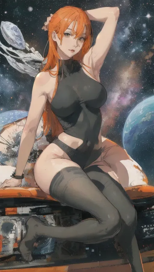 naked, sexy, realistic face, face details,
Masterpiece, full body, big breasts, orange string, no brah, slim, lean body, cute navel, big ass, nice ass, cute ass, outer space background, laying on a couch, good anatomy, full body, sexy legs, sexy face, ginger, cute panties, panties, space-suit, leggings, orange stockings, back slick, skinny