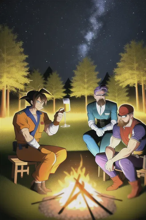 concept art of, masterpiece detail, high quality, goku and medic team fortress 2, walter white, three men, around campfire, night sky, forest background, cheery expressions, drinking beers, conversing