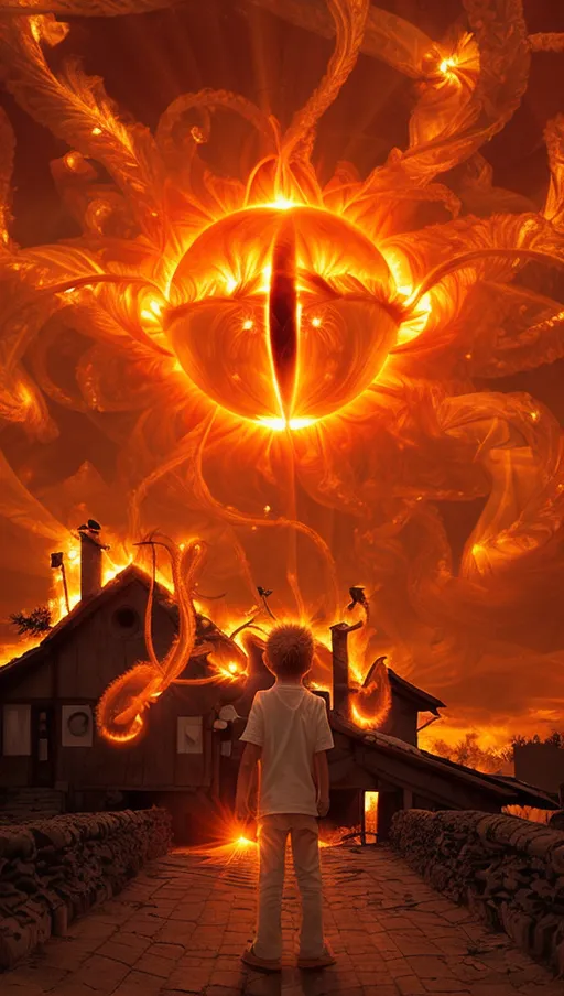 ((the sun erupts with solar flares shaped like tendrils)),
(The village beneath is on fire),
(A boy wearing white stares up at the eye in the sky),