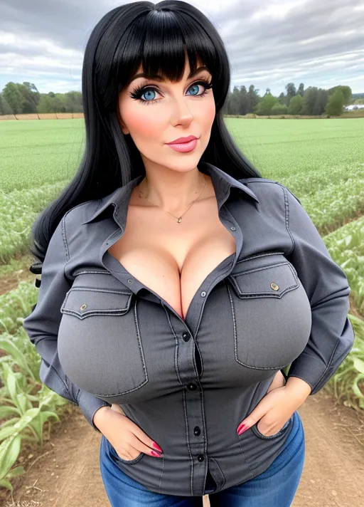 A European milf that looks like a Bratz doll, mature adult face, extremely big plump juicy lips, huge enormous perky boobs, black hair, bangs, grey-blue eyes, normal human eyes, thin body, no makeup, tight red flannel shirt, farm girl outfit