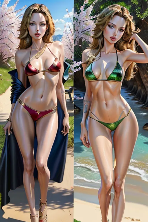 Colour painting of Angelina Jolie (((and Shiloh Jolie-Pitt))), very sexy bikinis ((accurate faces)) full body and thighs visible, smooth skin, sexy butts, fine beautiful bodies, ((spring landscape)),(detailed skin features),(detailed face features), (detailed body features), beautiful eyes,