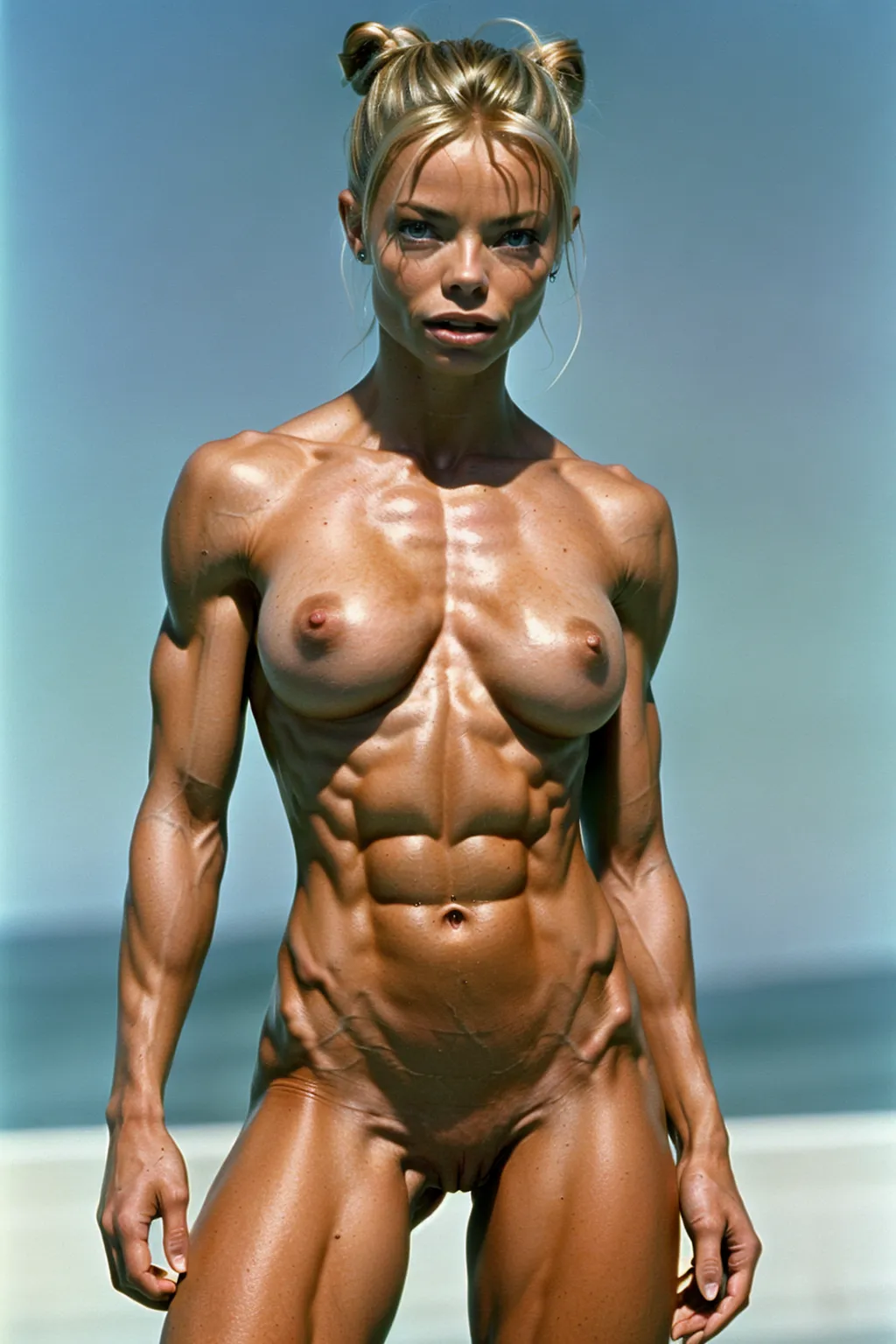 A very fit 18 year old fully naked Jamie Pressly, pleasure look on her face, flexing her abs, very low body fat, extremely lean body, perfect body, showing her vagina, standing on the set of the Terminator in 1991, fully nude, spreading her legs, perfectly shaped breast, blonde hair, spreading her legs wide open, perfect tan, completely naked, hair bun