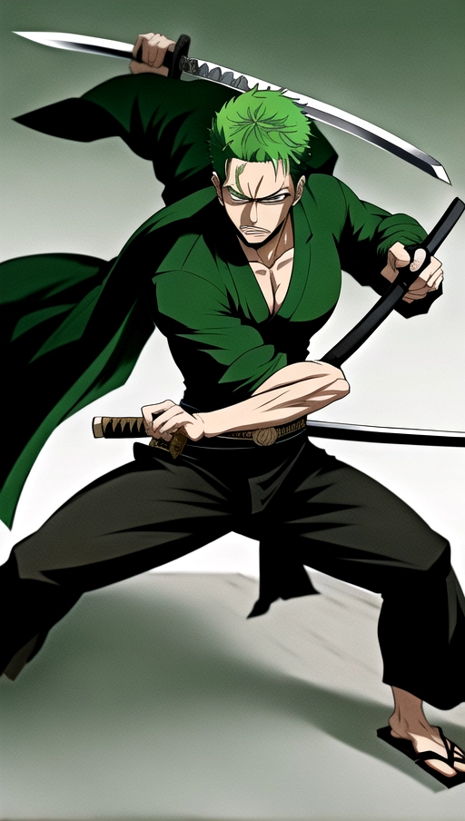 Roronoa Zoro in a sword stance preparing to strike. He looks serious and intense. There is green energy building up around him. His left eye is scared and closed. The drawing is done in ancient Japanese art style. A sword is being held in his mouth and one in each hand.