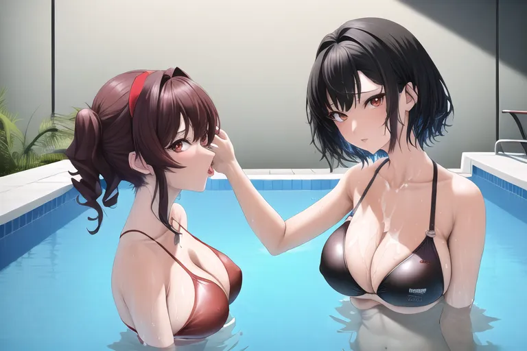 masterpiece, best quality, <lora:dpmg_rumiko_takahashi_style:1>i, 1girl, akane tendo, 20 years old, medium breasts, big dark eyes, slim build, (short black hair:1.1), red bikini, in water, indoor pool, wet skin, dpmg_side_deepthroat_v1