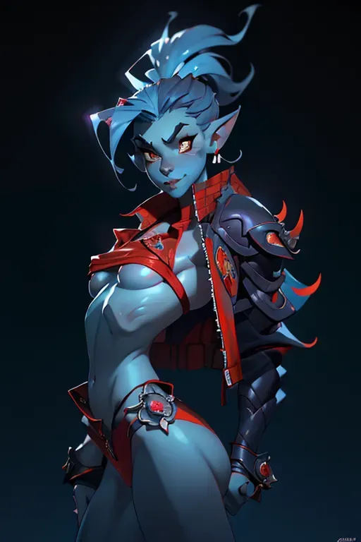 masterpiece, best quality, nsfw, detailed background, uncensored, ultra realistic face, ultra realistic, hair with great details, perfect face, (soft focus), (smooth lines), (((soft lighting)))
1girl, a digital full body painting of an impish fiend with blue skin, ((body like an Olympic gymnast)), unholy trickster goddess, chaotic neutral, ((((dramatic oversized red military jacket)))), ((shirtless)), (((sideboob))), nude, stylish design, fox tail, oversized smile, wide eyed look, chimera body parts, bratty pose, (blue skin), extremely detailed, masterpiece, high contrast, shiny, glossy, eyecatching design