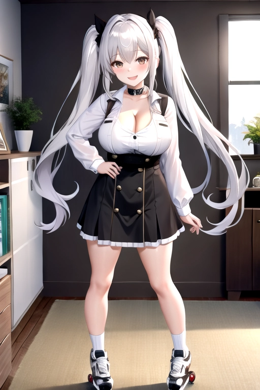 8k quality, brown eyes, pale white skin, white hair, giant breasts, cleavage, looking at viewer, pov, long hair, wavy hair, standing in living room, minidress, roller skates, miniskirt, pigtails, full body photo, smiling