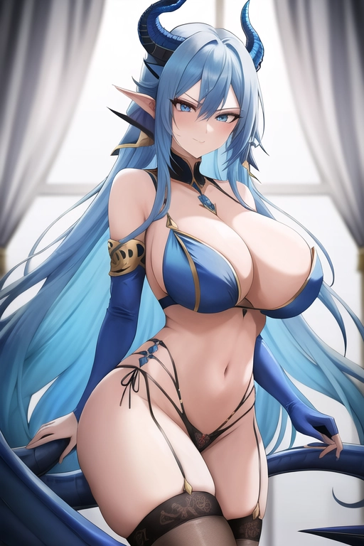 1girl, blue hair, long hair, blue dragon horns, blue dragon tail, blue eyes, big breasts, seductive, smug, exposed breasts, panties