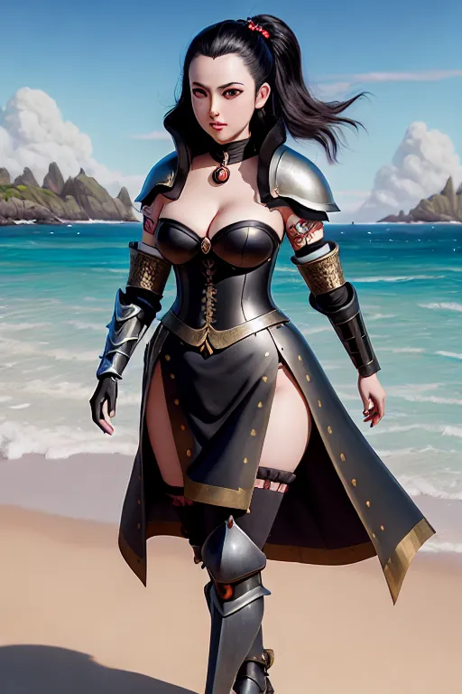 a oil painting of,nezuko kamado,wearing medieval armor,walking,on the beach,small breasts,five slender fingers,short thick hair,gorgeous face,beautiful lips,black eyes,curved eyebrows,curved eyelid,pale skin,erotic,tattoo,artstation,surreal,studio lighting,unreal engine,professional