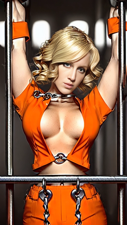 A (((very small-breasted))) Blonde Female in sexy ((prison death row two-piece orange outfit)), ((hands cuffed together in steel handcuffs)), gorgeous, beautiful body, wavy hair, big thighs, ((((tiny boobs)))), erotic