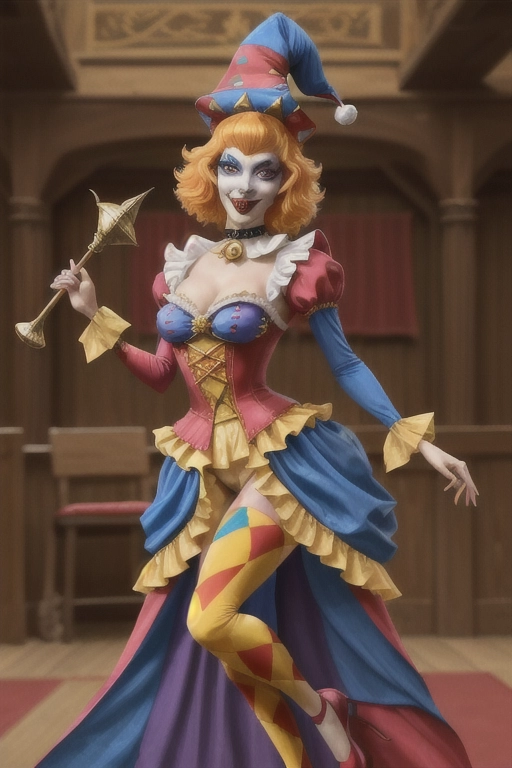 The image features a woman with a slender figure, sexy dressed in a traditional medieval court jester costume. The costume is vibrant and colorful, consisting of a tight-fitting outfit that combines various hues in a patchwork design, complete with large, distinctive collar and cuffs. Each piece of the outfit is adorned with bells and intricate patterns, typical of the periods jester attire. She wears a classic jesters hat, characterized by several pointed tips with bells at the ends, adding a playful and whimsical touch to her appearance.
Her face is painted with theatrical makeup, highlighting her role as a jester with exaggerated expressions drawn to entertain and amuse. In one hand, she holds a jesting scepter, a symbol of her role within the court, signaling her duty to entertain the nobility.
The court jesters hat in the image is a distinctive and playful piece of her costume, immediately drawing attention with its unique design. Its made from fabric that matches the colorful, patchwork pattern of her outfit, featuring a combination of vibrant colors that stand out against the more subdued background of the medieval hall. The hat is designed with several elongated, pointed tips that arch gracefully away from the head, each ending in a small bell. These bells are not only decorative but would historically jingle as the jester moved, adding an auditory element to her performances.
Each of the hats pointed tips is a different color, mirroring the multi-colored theme of her costume and enhancing the overall whimsical appearance. The base of the hat fits snugly around her head, ensuring that the pointed tips stand out prominently, contributing to the playful and exaggerated persona typical of a court jester. The use of such a hat symbolizes her role in the court as a figure of amusement and satire, embodying the spirit of jest and lightheartedness essential to her profession.
full body picture, breast must exposed, torned clothes, ripped clothes, must pussy exposed, spread pussy part, spread legs, breast must seen, pussy must seen, clothes like a bikini