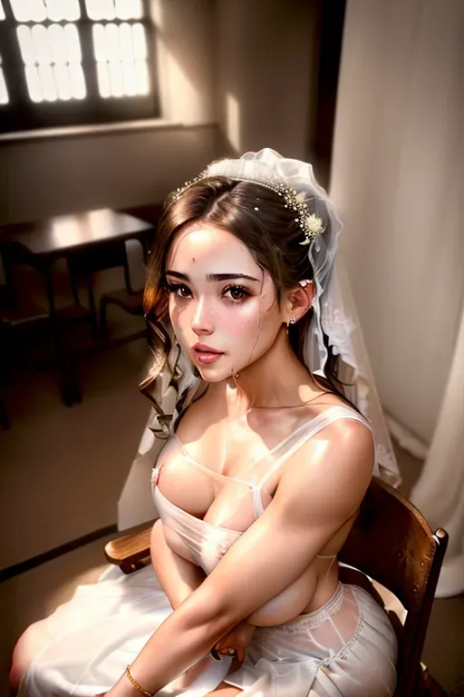A 8k resolution photo shot of ,dpmg_face_cum_v1,sitting,((wearing a wedding dress)),((revealing two boobs out)),((perfectly nipples placement)),((detailed hair features)),((detailed facial features)),((detailed body features)),((detailed arms features)),(textured skin),((beautiful lips)),((highly detailed)),((8k resolution photo shot)),((detailed classroom background)),((miniskirt)) gold earrings