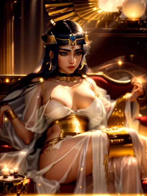 Cleopatra on her throne, wearing sheer linen gown, five fingers per hand, long hair, beautiful face, beautiful lips, curved eyebrows, curved eyelid, pale skin, epic. surreal, smooth, pixiv, studio lighting, cinematic lighting,