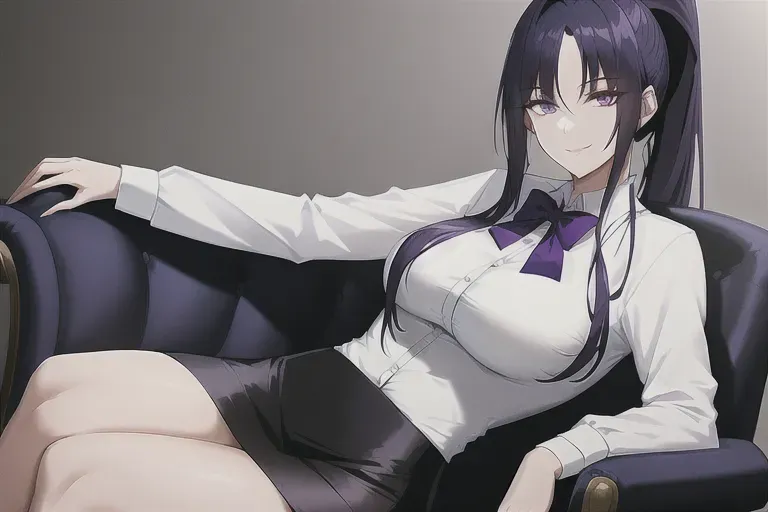woman, adult, long dark blue hair, ponytail, purple eyes, smooth skin, gorgeous face, cute face, sitting on luxury chair, white shirt, long dark skirt, dark bowtie, sit politely, smiling, beautiful background, good lighting, 4K, small breast