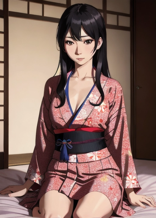 establishing shot, traditional yukata, skinny, 25yo, eurasian woman, (hyper-realistic face:1.3), 32k uhd --ar 9:16 --stylize 750 --v 6, realistic,((((solo)))), long straight black hair, (small breasts:1), lips, perfect-hard-nipples, solo_focus, eye-contact , facing viewer,
background bed room, sweaty, (((exhausted))), eye contact.
