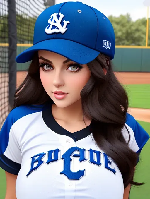 Gorgeous young European woman, photo cute attractive face, large wide doe eyes, light colored eyes, big plump lips, huge gigantic boobs, (gigantic tits), black hair, baseball cap, sexy, thin, slim waist, tight blue and white baseball jersey shirt, photorealistic, best quality, ultra high resolution