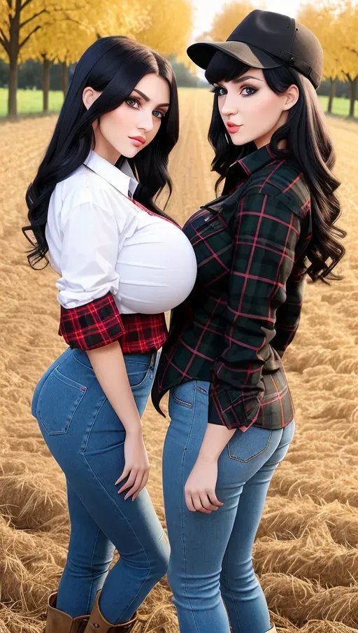 Two gorgeous young Eastern European women, photo cute attractive young face, big wide doe eyes, light colored eyes, big bimbo lips, huge gigantic boobs, (gigantic tits), raven-black hair, sexy, slim waist, thin, farm outfit, red flannel plaid shirt, photorealistic, best quality, ultra high resolution