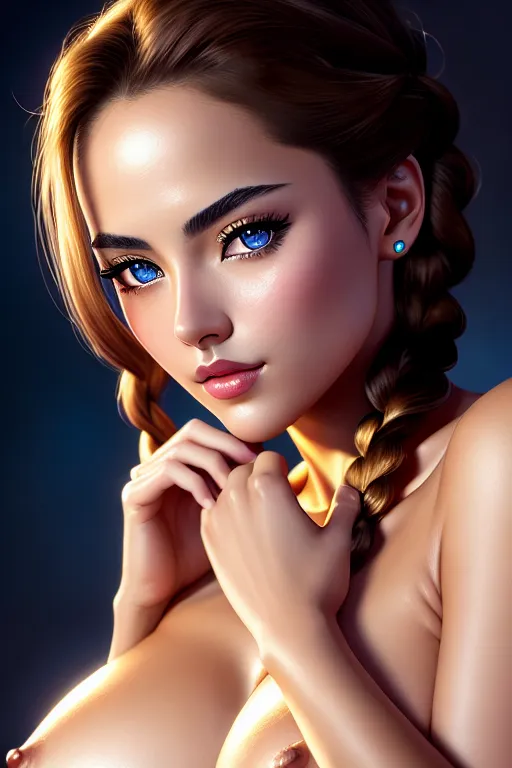 a digital painting of,rio yamashita,naked,touching breasts,big breasts,five fingers per hand,braids hair,beautiful face,beautiful lips,blue eyes,curved eyebrows,curved eyelid,smooth skin,cosy,wearing golden ring,highly detailed,studio lighting,pixiv,surreal,bokeh