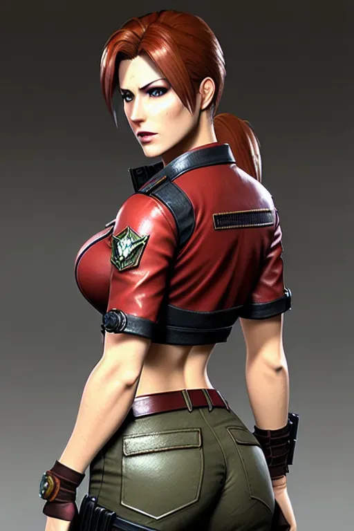 a photo shot of, Claire Redfield, resident evil themed clothing with intricate detailing, realistic eyes, curved eyebrows, textured skin, flawless face, slight frame, small breasts, cgsociety, unreal engine, highly detailed, artstation, deviantart, sharp image, centered, volumetric lighting, hyper-realistic, backlighting, studio lighting, raccoon city,full body,big ass,