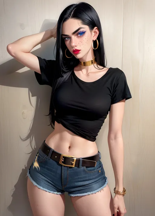 Freckled face, pouty red lips, full black eyebrows, long eyelashes and big blue eyes, clean body, slender frame, perky medium size breasts, Tone stomach, bony collar bones and neck, long black hair. Never wears a bra, hard nipples pointing through shirt. Black t-shirt tucked into high waisted jean shorts, Jean shorts inseam end at her panty line, leather belt with gold buckle around her waist, gold earrings in each ear, dark eye makeup. black thong. trouble Maker, rebellious, curious, secretive, yearning for acceptance, acts like a teenager, is very trendy and fashionable, easy going, tries to act grown up