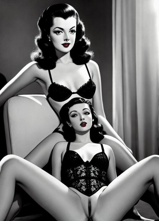 ((Stylish black and white film-photograph)),
(sexy 1940s 1950s vintage pinup),
1940s 1950s vintage porn,
Kinky vintage lingerie,
vintage bra, bullet bra, (cupless bra),
(Crotchless panties),
Translucent lingerie,
(beautiful detailed realistic faces),
(Red lips), (detailed realistic beautiful green or blue eyes), luscious eyelashes,
Beautiful trimmed curved eyebrows,
(Heavy coloured eyeshadow and eyeliner and mascara),
(beautiful detailed realistic hair),
(beautiful detailed realistic bodies),
pointed breasts, conical tits,
(exposed detailed realistic nipples with detailed areolae),
((visible detailed realistic pussy with detailed vulva and detailed labia and detailed clitoris and detailed open vagina)),
((visible detailed realistic open anus)),
(Beautiful realistic detailed skin textures and skin tones),
(Detailed realistic and correct anatomy),
Slender but womanly body,
((photorealistic)), (filigree), ((absurdres)),
Kinky,
(active scene), (active pose),
(various positions),
(Active sex with viewer in various positions),
looking directly at camera,
Making eye contact with viewer,
Engaging and enticing the viewer,
Beautiful perfect lighting,
Authentic 1940s 1950s porn look and feel,
Underground black-market porn,
Yvonne De Carlo, or Carolyn Jones, or Ava Gardner, or (Martha Vickers), or Gene Tierney, or Lana Turner, or Mary Astor, or Jean Harlow, or Veronica Lake
Fucking the viewer in various positions,
Imminent fuck, anal missionary, legs up, side doggy, doggy style POV, (fucked from behind by other female), (threesome with other female), Yuri kiss with other female, (POV breast-feeding fuck),
(Face and body show emotional and physical reaction) to great sex and powerful sex and orgasm,
Wild sex, kinky sex, taboo sex, forbidden sex, lesbian sex, threesome, blackmail sex, extortion sex, forced sex,