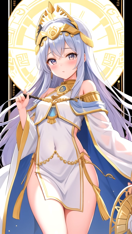 Athena, the Goddess of Wisdom as a preteen loli, her childlike features framed by a gleaming silver helm, Her delicate frame is draped in flowing white robes, cinched at the waist to accentuate her slim figure, golden owl on her shoulder, holding a spear, Fierce grey eyes regard you with a calculating gaze, betraying an ancient wisdom beyond her tender years, golden Greek helmet tilted up