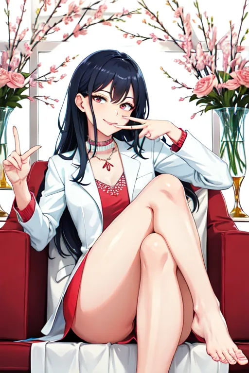 a woman licking the finger tip of her index finger just before turning the page of a magazine, sitting with her legs crossed and dangling a wedge off her toe, the arch of her foot is accentuated by the manner in which her legs are crossed