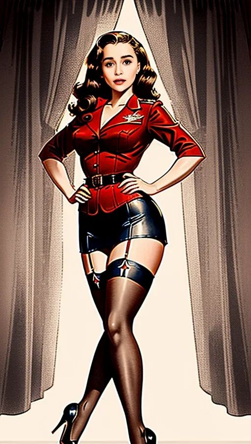 insanely beautiful woman, 1940s era pin up pose, 1940s era pin up outfit, long legs, standing, thigh gap, legs showcased in photo, (thigh high seamed stockings), world war 2 naval art style, red wavy hair, 1940s era hairstyle, us patriotic scene, platform high heels,emilia clarke, colored