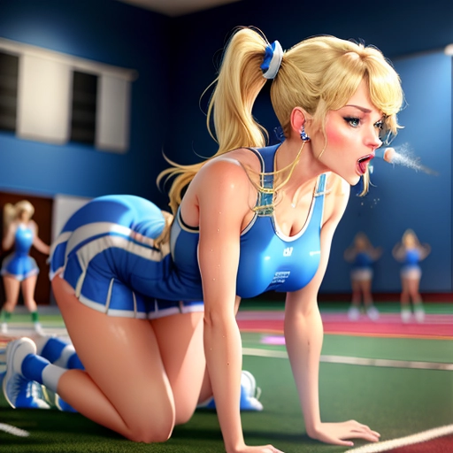 Tswizzle singer, blonde ponytails, cheer practice, blue outfit TS, sweaty, blowjob, kneeling