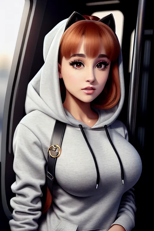 a color pencil draw of,ariana grande,wearing hoodie,in the bus,big breasts,five slender fingers,bangs hairstyle,charming face,beautiful lips,black eyes,curved eyebrows,pale skin,wearing golden ring,studio lighting,cgsociety,artstation,8k,sharp focus