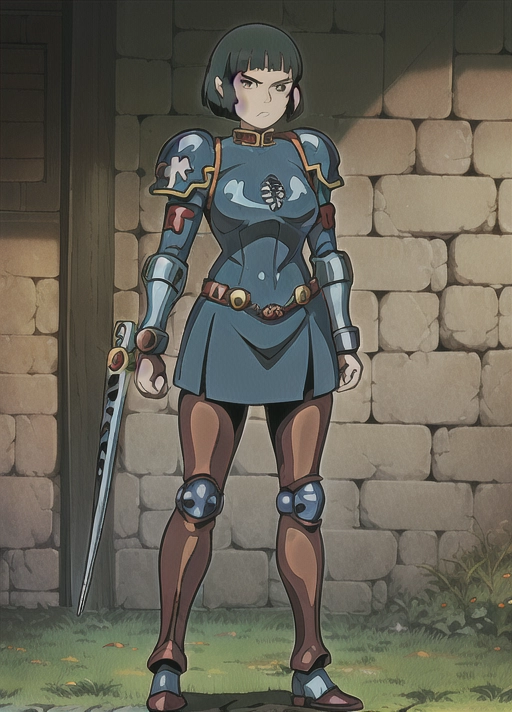 ghibli art style, warhammer 40k, sister of battle, ((short hair)), ((masterpiece)), tall, face tattoo, sci fi armor, serious face, <lora:dpmg_ghibli_style:0.92>