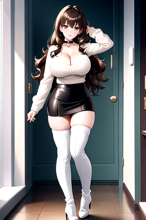 thigh high socks, miniskirt, white sweater top, brown hair, choker, brown eyes, pale skin, giant breasts, boots, cleavage, high heels, looking at viewer, walking across room, living room, 1girl, smiling, wavy hair, 8K, Full body photo