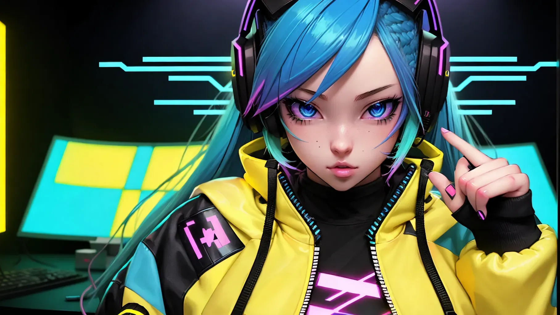 hyper cute hacker (waifu), blue hair, sexy big tits, yellow jacket, realistic details, beautiful waifu, Gamer room, led lights, Twitch vibes, lo-fi vibes, high quality image, perfect lines, perfect vectors, fully detailed.