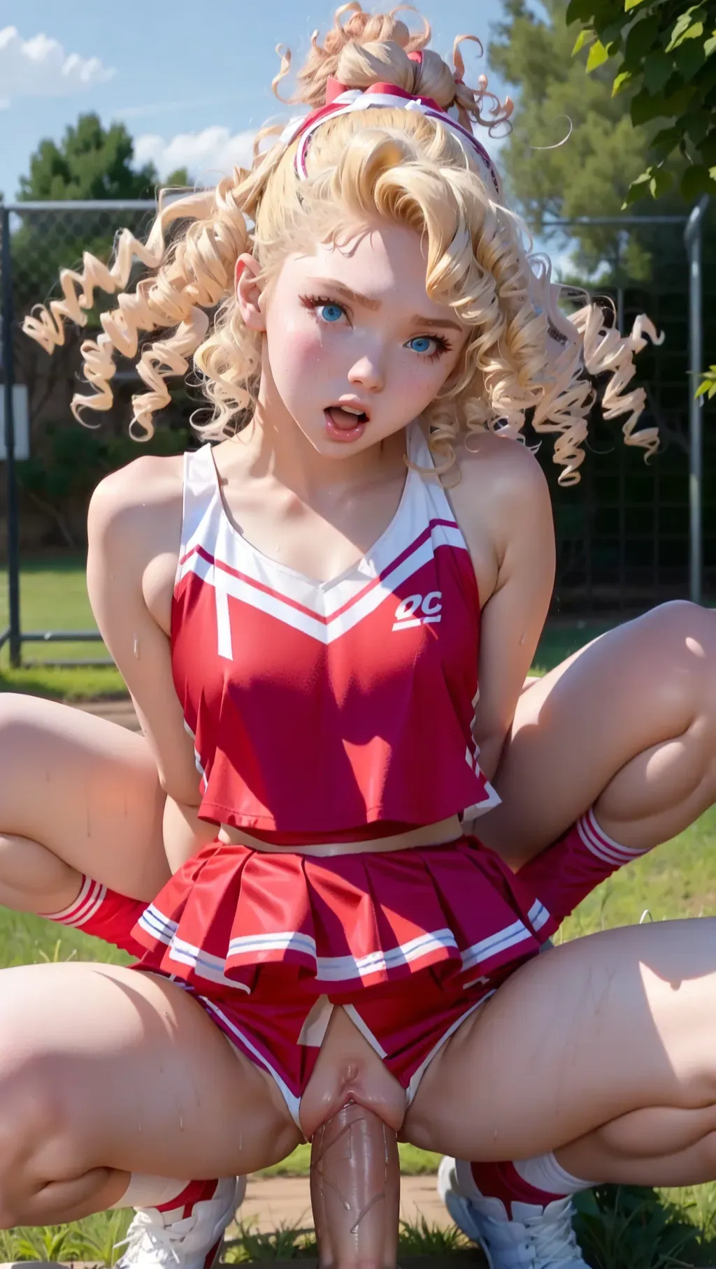 adult pornstar Kenzie Reeves, 20 year old lady, tall and slender, surprised, cheerleader outfit, 1girl, solo, <lora:dpmg_pov_cowgirl:1>, 1boy, penis, squatting cowgirl position, vaginal, pov, squatting, looking at viewer, blonde, wild hair, curly hair, outside