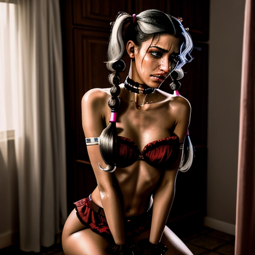 Beautiful skinny 18 year old Roma girl crying scared with pigtails and choker with a hot curling iron inserted in pussy