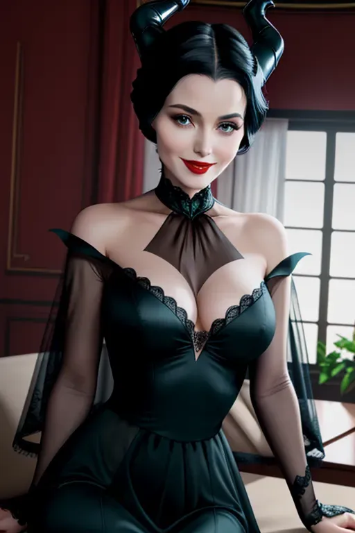 Maleficent as a contemporary house wife, Disney princess, dark raven hair, dark green eyes, strong cheeks, full lips, happy smile, perky breasts, public hair, pussy, aroused, high definition, excellent lighting, 4k quality, looking horny, sassy, flirty, wearing a modern sheer dress, modern living room setting, regal allure, red lipstick