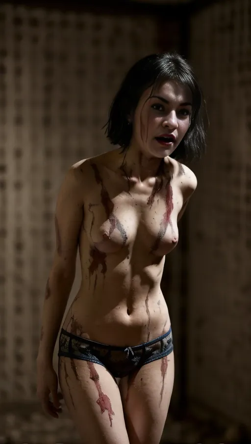 scared and crying, trapped in a basement, (((bruised))), (((beaten))), (((bokeh 1.5))), ((((masterpiece)))), ((((highly detailed)))), Full body image, looking at viewer, (((begging for mercy))), (((dirty underwear 1.5))), jet black hair, nude, sick and twisted, scared, hurt, injured
