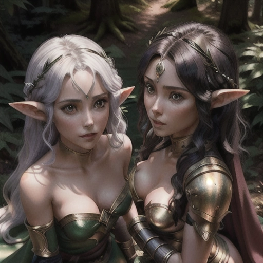 a photo shot of, two female nightelfs, half naked, small armor in the forest, five fingers per hand, erotic ,smooth,8k,studio lighting,highly detailed,bokeh, kneeling, skinny, pov, looking at viewer, view from above