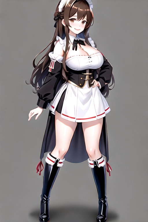 8k quality, brown eyes, pale white skin, brown hair, giant breasts, cleavage, looking at viewer, pov, long hair, wavy hair, full body photo, standing in room, smiling, black maid uniform, miniskirt, high heels, black knee high boots, black choker