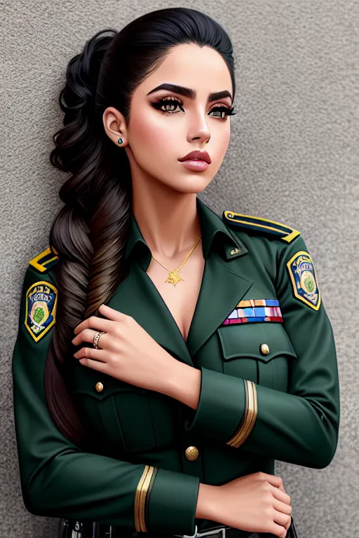 a illustration of,a venezuela girl,wearing police clothes,leaning against the wall,five fingers per hand,fishtail hair,gorgeous face,beautiful lips,green eyes,curved eyebrows,cosy,wearing golden ring,pixiv,editorial,professional,sharp focus,smooth