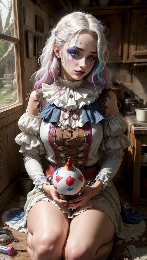 1 digital professional photograph, medieval fantasy,
1 hot ((clown:0.6)) woman 19 ((cleans her ((white clown makeup)) from her face)) in her (cramped:1.2) old trailer, wavy (purple:0.3) hair, (((clown makeup:0.6))) and (cleaned face:0.6), she is sat besides a broken mirror, her (((opened:1.6)) ((unlaced:1.6)) rainbow vest) exposes her natural breast, ultra detailed (shiny:1.2) blue eyes, <lora:dpmg_add_detail:0.6>, ((close-up:1.3)), ((looking away)), exhausted smile, medieval fantasy, ((breast exposed with large areola)), ((small:1.2) (dirty:1.3) wood window) in background, broken mirror besides, soft light with dust flowing through the old window, (damaged wooden walls:1.2),(extremely long:1.6) rainbow dildo, she is poor and lives in an old dilapidated caravan, ((dirty skin:1.3)),
cinematic lighting, cinematic composition, UHD, HDR, vivid colours, photon mapping, (highest quality:1.8), highest resolution, (photorealist:1.72), (photorealism:1.72), (masterpiece:1.18), --s 250 --v 6