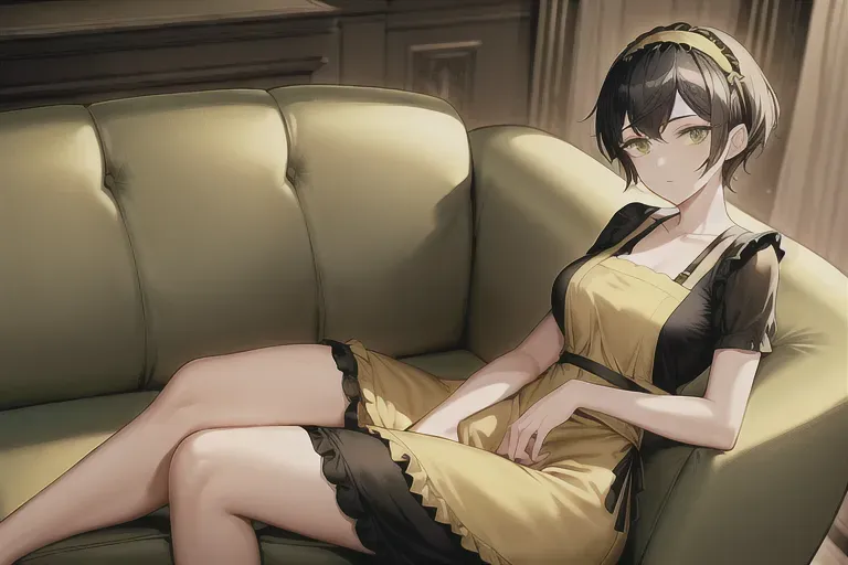20 years old, medium breasts, black hair, pixie cut hair, sage green eyes, petite, yellow dress with apron, wearing headband, living room, sitting modestly on a couch, sad expression