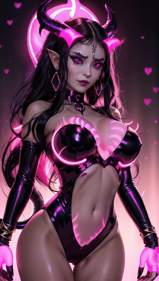 best quality, (((ultra high res))), (((detailed face and eyes))), (perfect face), (big shining heart choker), earrings, jewelry, (((big glowing succubus mark))), ((((big glowing succubus bodymark)))), (((conjuring))), (witch), ((long voluminous hair)), (((gloves))), ((black hair)), (((golden bracelet))), (((huge hair cuff))), topless, (((pink glowing dress))), ((face closeup)), (lipstick), (((neckholder))), ((((demon tail)))), ((black long sleeves)), ((purple glowing heart)), (((big cameltoe))), (((demon mark))), heart on womb, (((((bright pink glowing skin tone))))), (((straight black hair))), ((pink glowing clothes)), ((huge boobs)), ((luminescent)), nude