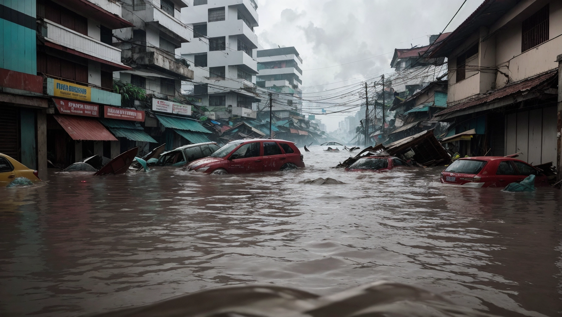 Photo of Jakarta (Pasar Gembrong Lama) area being submerged under two meters of flash flood from the sea, chaos and debris everywhere, drowned bodies floating above water, collapsing buildings, very realistic, very detailed, real life photography, 4k uhd, unreal engine, historical