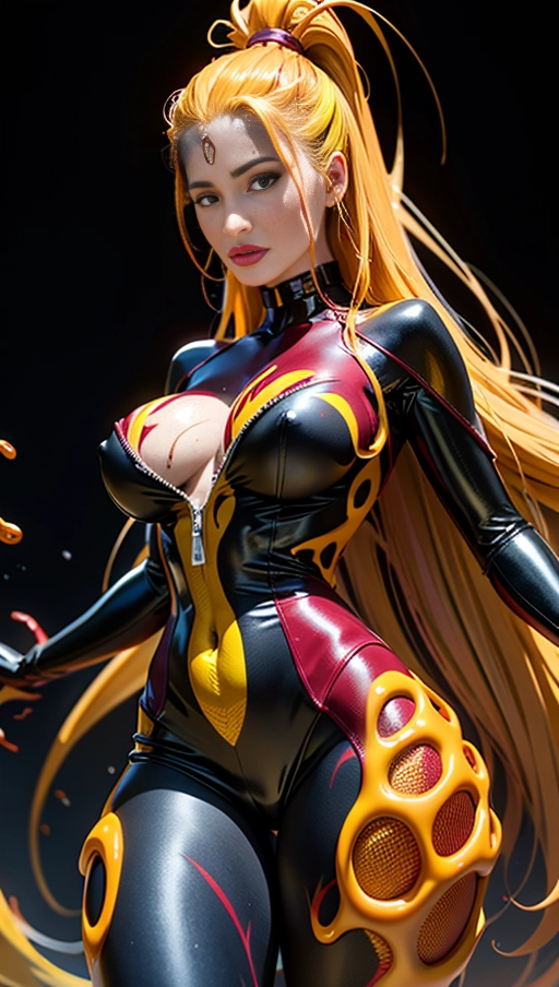 ((Burgundy red and yellow symbiote girl)), ((hair-raising symbiote)), ((burgundy red and yellow symbiote goo)), ((((burgundy red long hair with yellow strands)))), ((red and yellow symbiote goo suit)), (yellow strands), (((((symbiote goo hair))), ((((burgundy red and yellow symbiote goo body)))), huge symbiote boobs