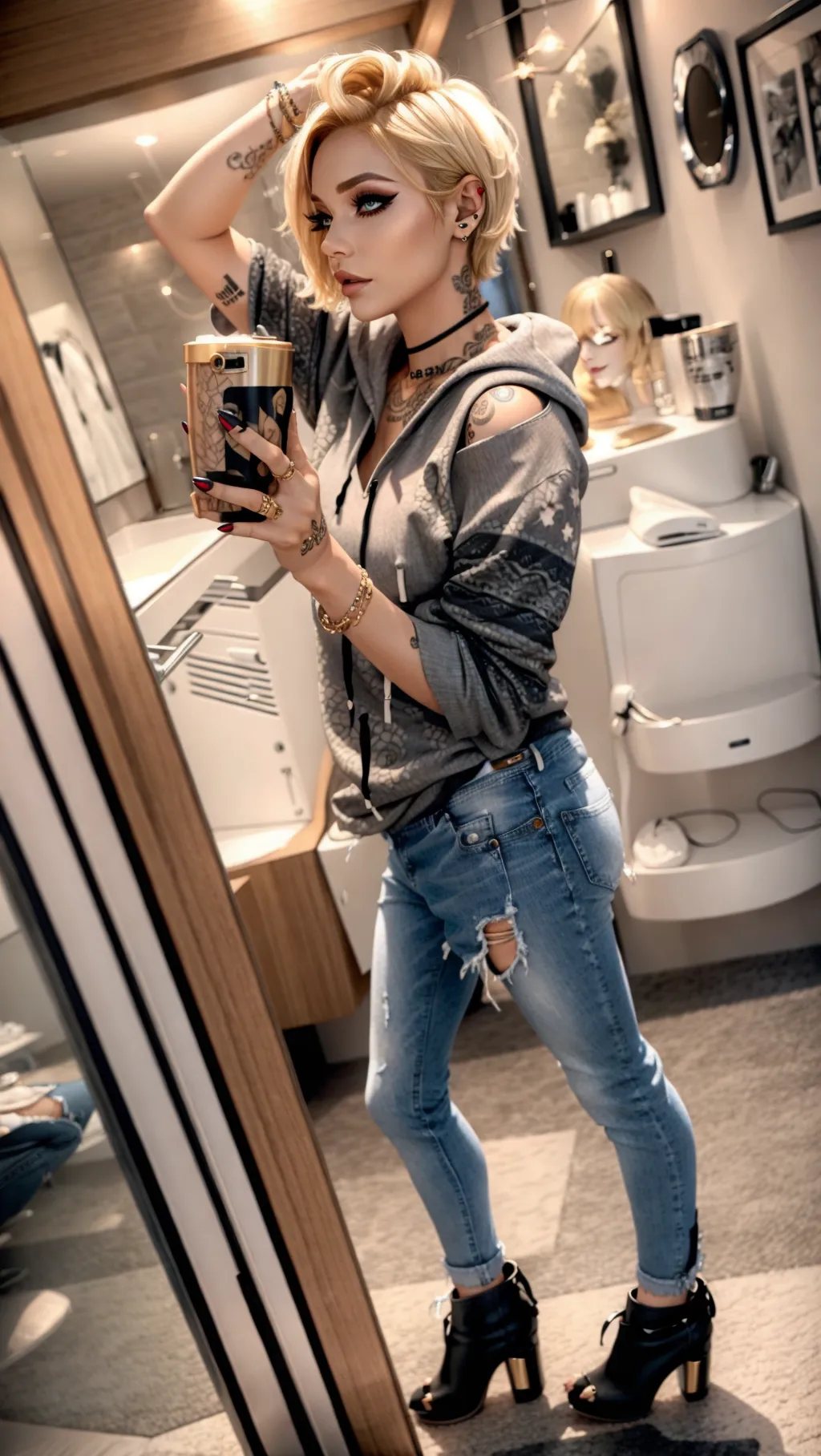 Side view, short blonde hair, medium breast, off shoulder hoodie, jeans, high heel boots, tattooed, eyeliner