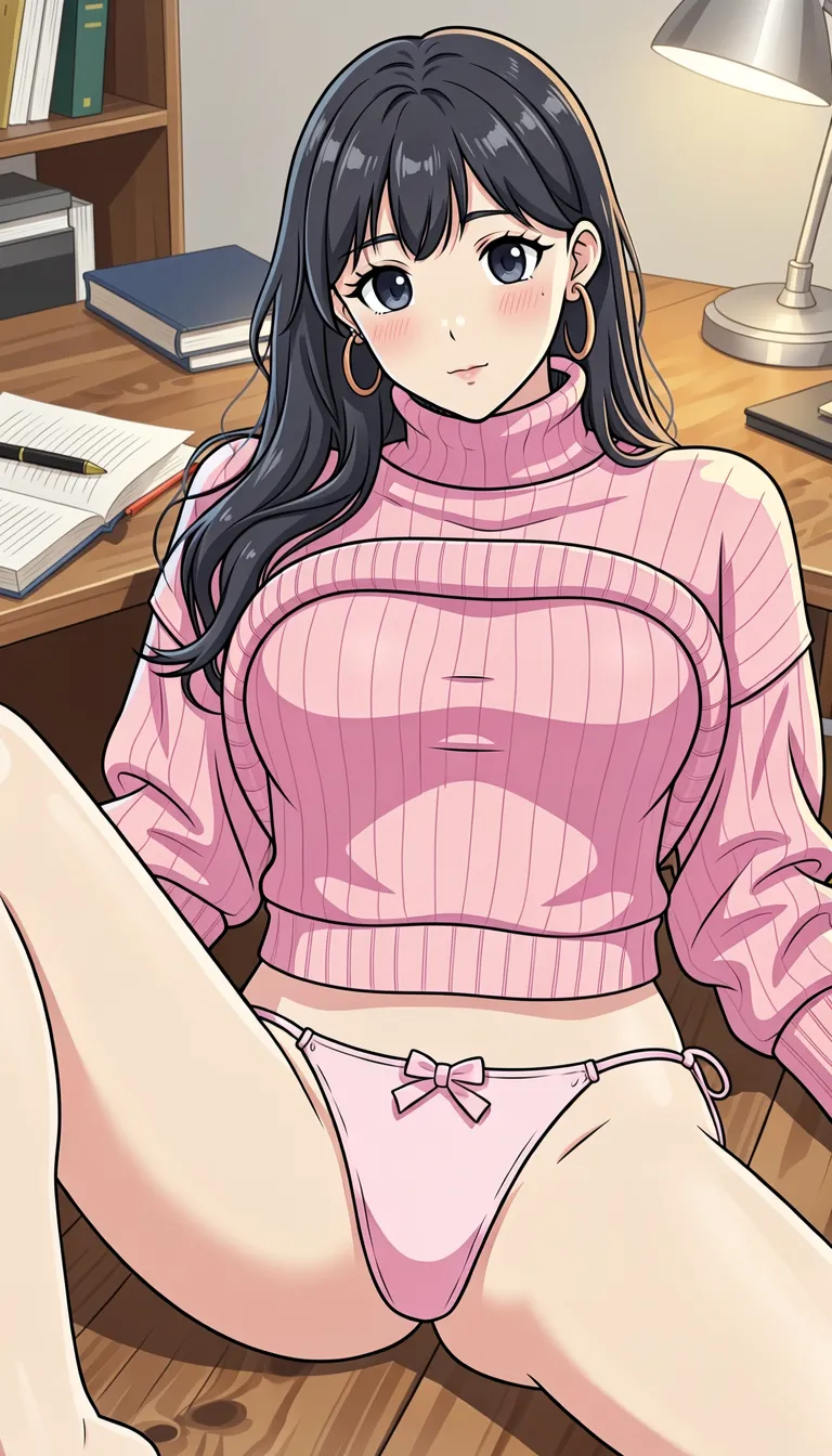Transform the girl in this image into a high-quality anime style while preserving her core identity, facial features, and pose. Maintain her long dark hair with bangs, large expressive eyes, and the specific arrangement of her pink oversized sweater falling off her shoulders to reveal her chest. Keep the light pink bikini bottom with the small bow detail exactly as it is. Translate the realistic textures into smooth anime line art and cell shading, ensuring the lighting remains soft and warm. Preserve the wooden desk background, the books, and the lamp, rendering them in a cohesive 2D aesthetic that complements the character's new stylized look.