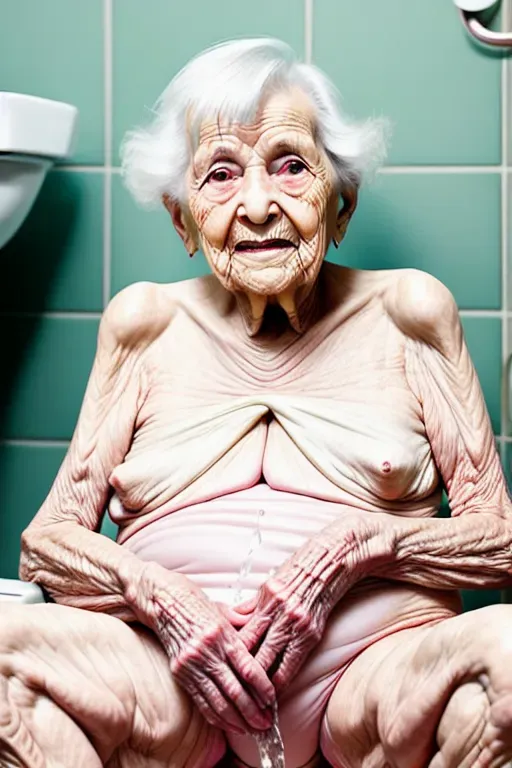 (great grandmother),(85 years old),(wrinkled skin),(naked),(protruding nipples),on toilet, legs spread, showing pussy,(stream of water squirting from pussy),(pissing)